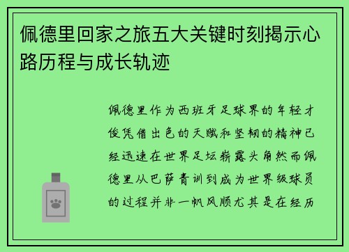 佩德里回家之旅五大关键时刻揭示心路历程与成长轨迹