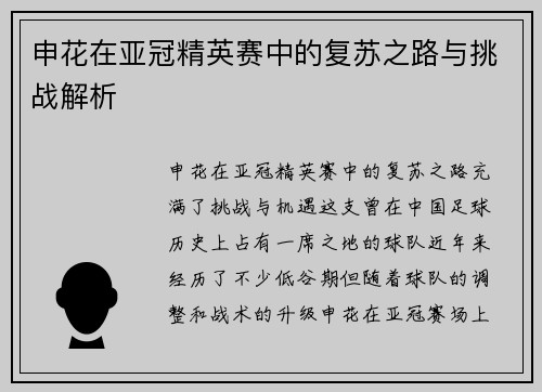 申花在亚冠精英赛中的复苏之路与挑战解析
